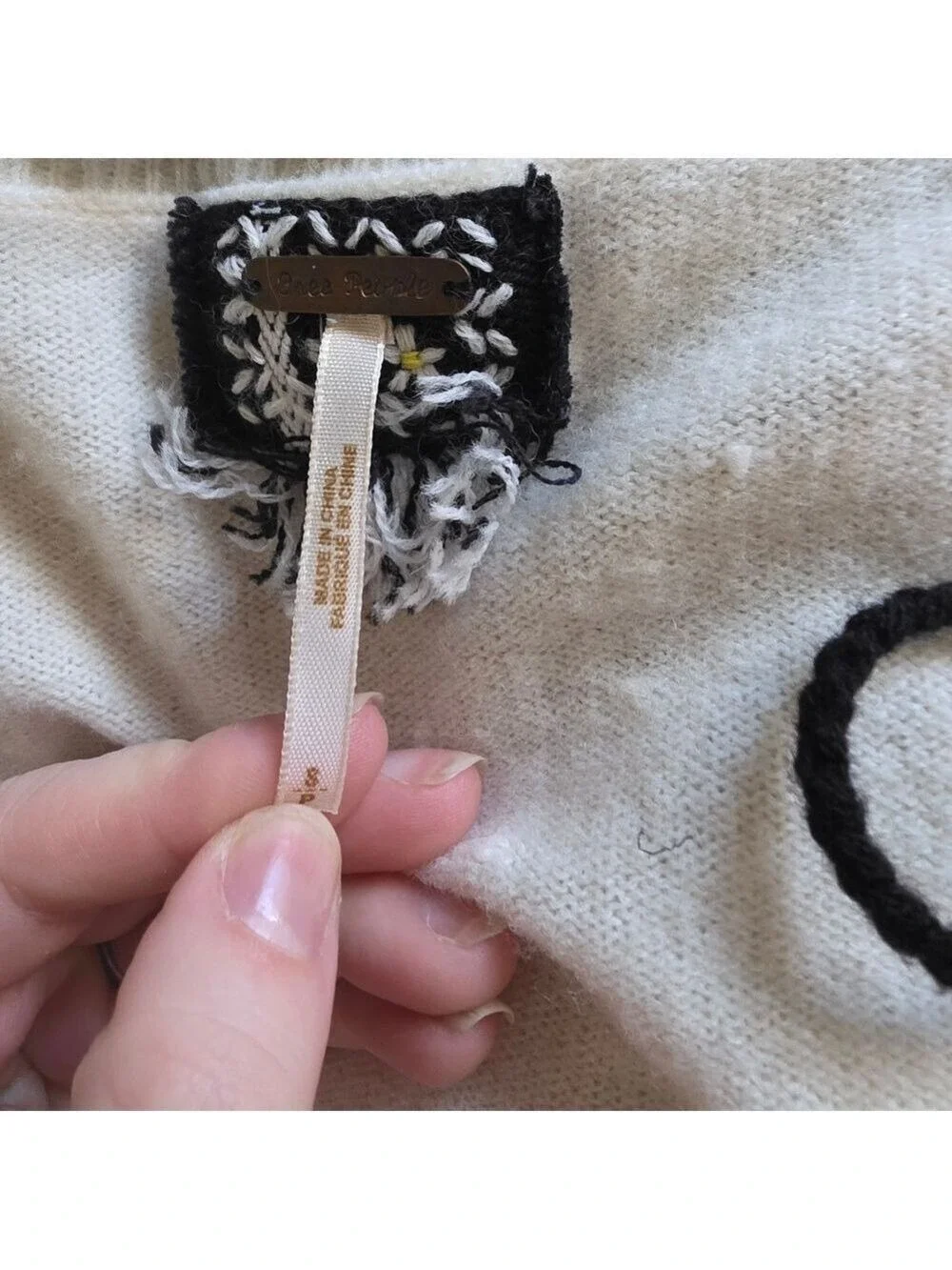 Free People Cream V Neck Sweater Black Embroidered Tassels